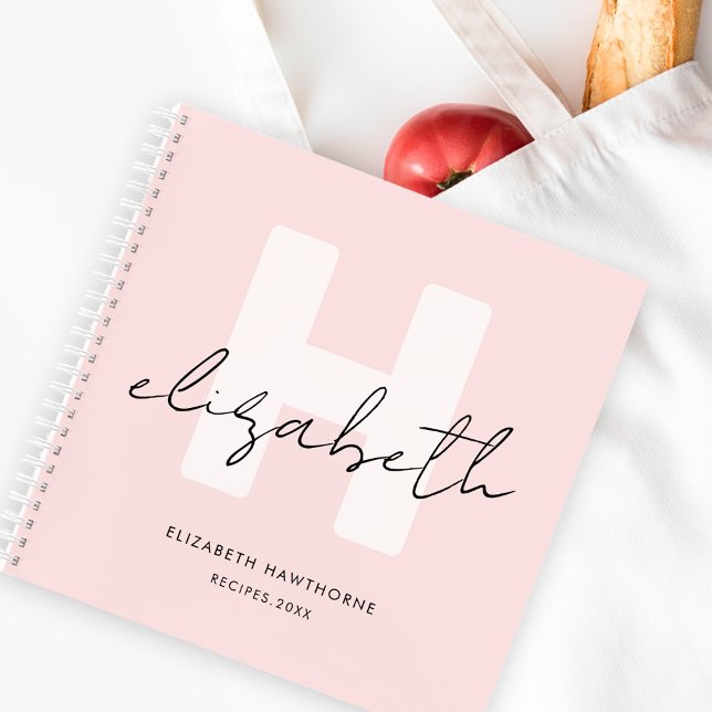 Carnet Monogramme moderne Script Girly Blush Rose Recette (Créateur téléchargé)