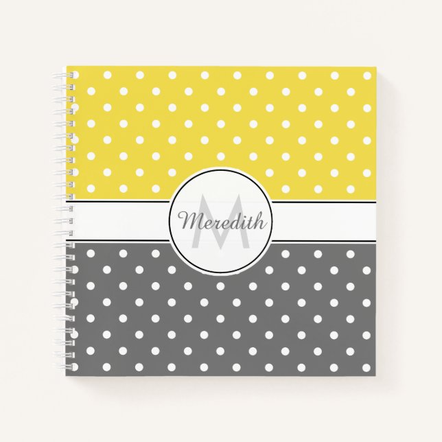 Carnet Monogramme Motif à points de Polka gris jaune mode (Devant)