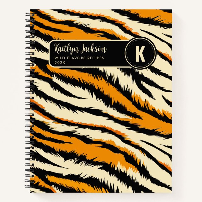 Carnet Monogramme Motif de rayures de tigre orange noir (Devant)