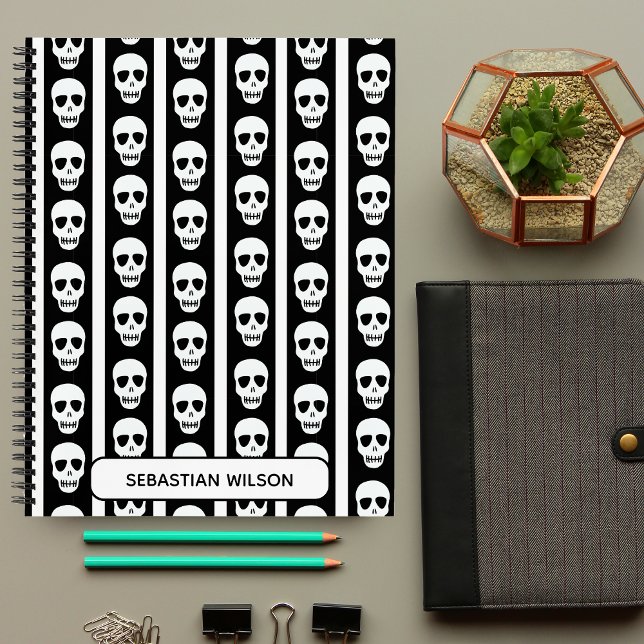 Carnet Monogramme Motif du crâne d'Halloween noir et blan (Créateur téléchargé)