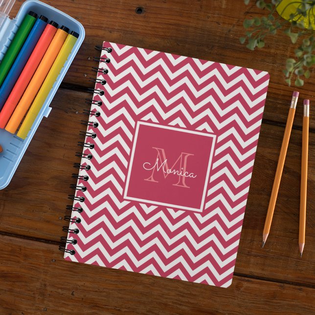 Carnet Monogramme Motif moderne Red Magenta Chevron (Créateur téléchargé)
