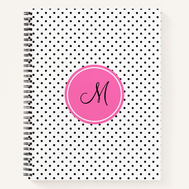 Carnet Monogramme noir et blanc Polka point avec rose cha (Devant)