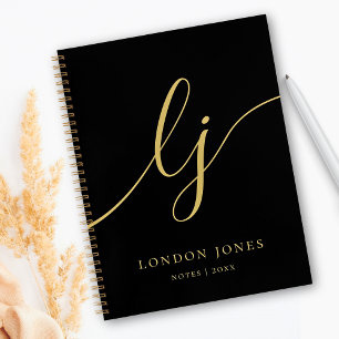 Carnet Monogramme Noir Or Calligraphie 2 Initiales Script