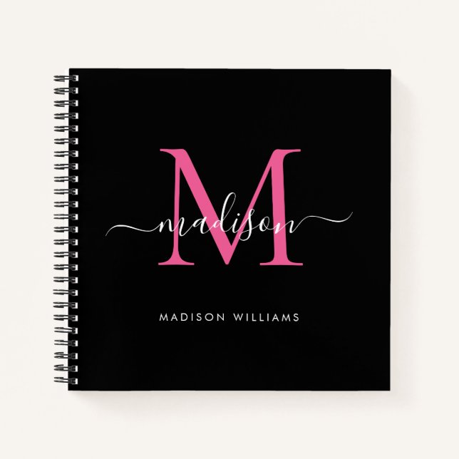 Carnet Monogramme noir rose élégant Nom initial du script (Devant)