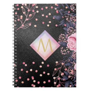 Carnet Monogramme noir ROSEGOLD rose Parties scintillant 