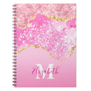 Carnet Monogramme Nom Initial Rose Or Paillettes Glamour