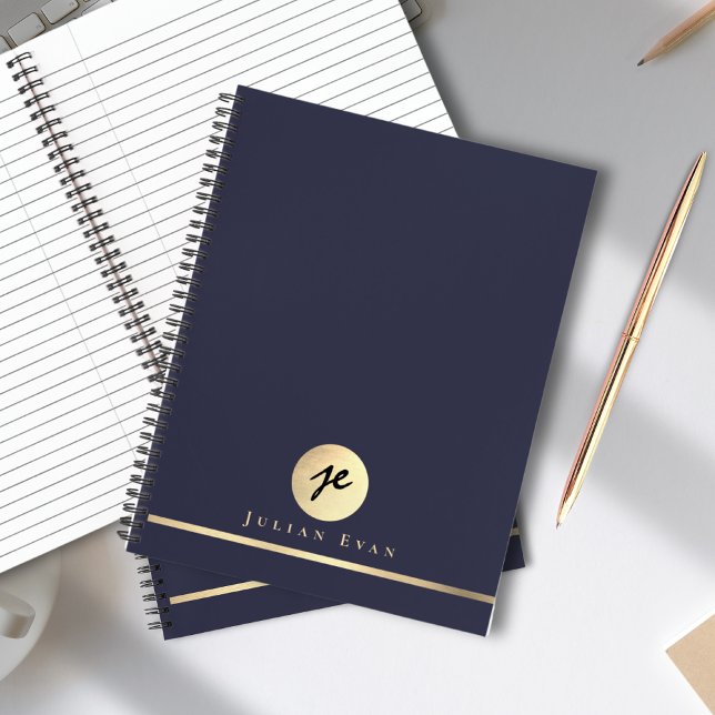 Carnet Monogramme or brillant Marine Blue Executive Spira (Shiny Gold Monogram Navy Blue Executive Spiral Notebook)