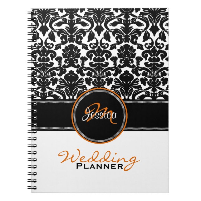Carnet Monogramme orange noir blanc Mariage damassé Plann (Devant)