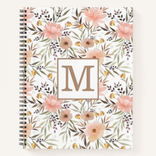 Carnet Monogramme Peach rose Olive Brown motif floral