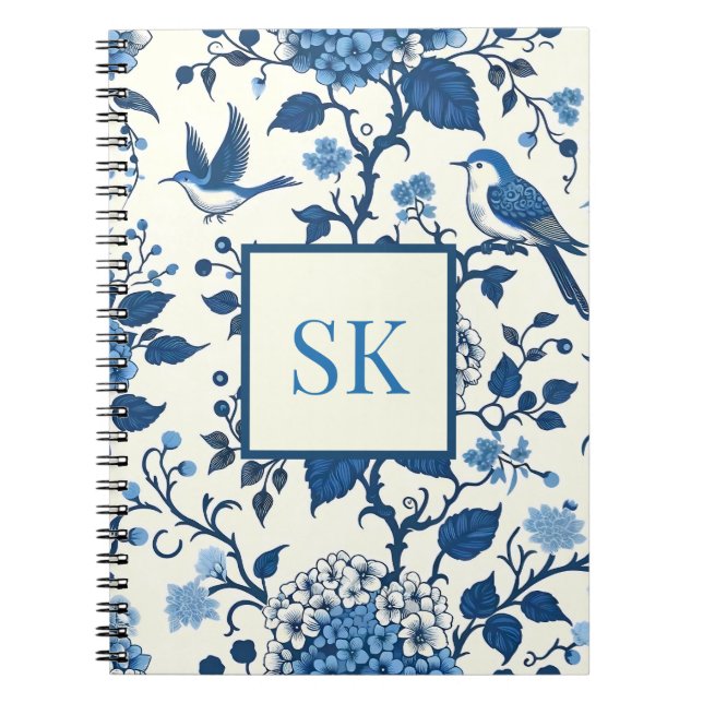 Carnet Monogramme personnalisé Chinoiserie Chic, Hydrange (Devant)