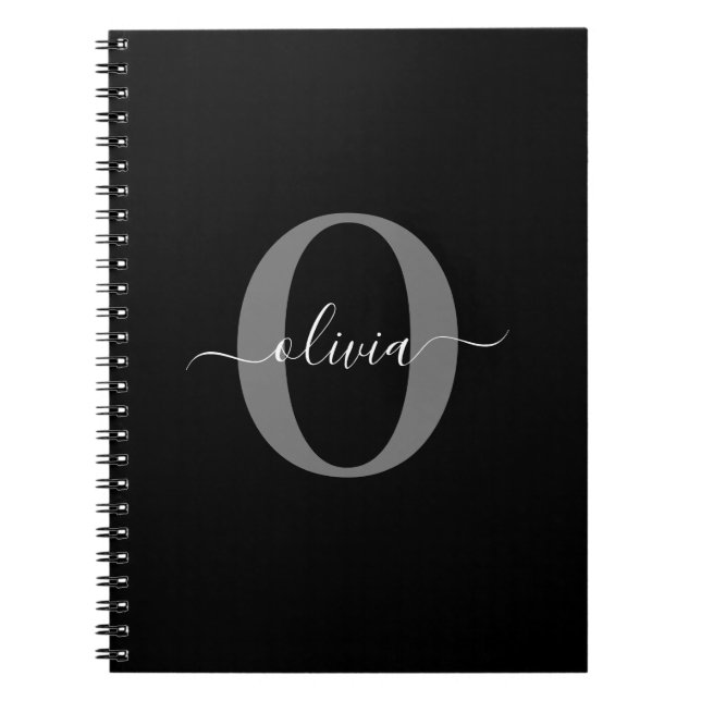 Carnet Monogramme personnalisé Nom de script noir blanc g (Devant)