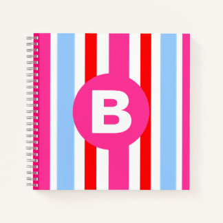 Carnet Monogramme rayures bonbons rose et bleu vif