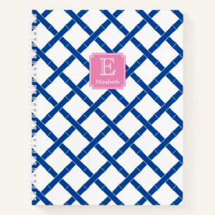 Carnet Monogramme Rose Avec Trellis Bleu Et Blanc En Bamb
