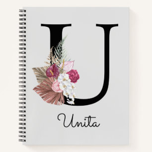 Carnet Monogramme Rose Bohème Féminin Floral Initial U