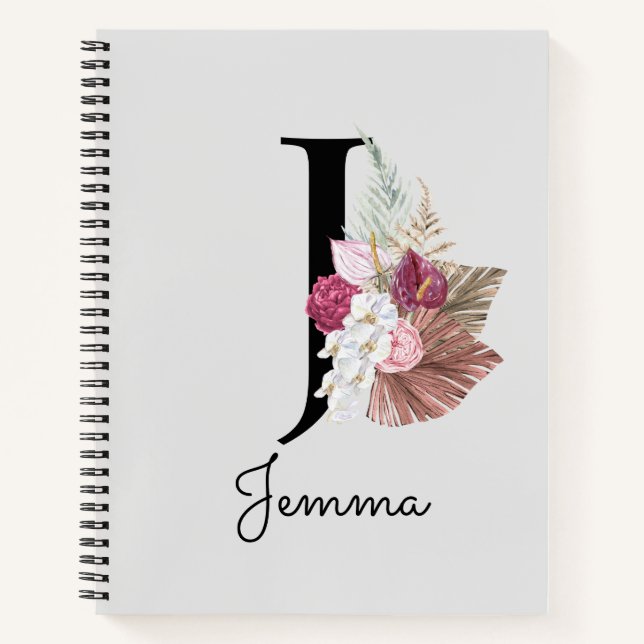 Carnet Monogramme Rose Boho Féminin Floral Initial J (Devant)