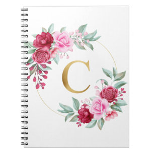 Carnet Monogramme rose et rouge Floral Lettre initiale C