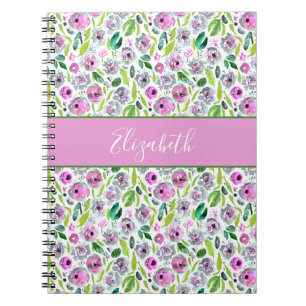 Carnet Monogramme Rose Gris Vert Bohème Floral Aquarelle 