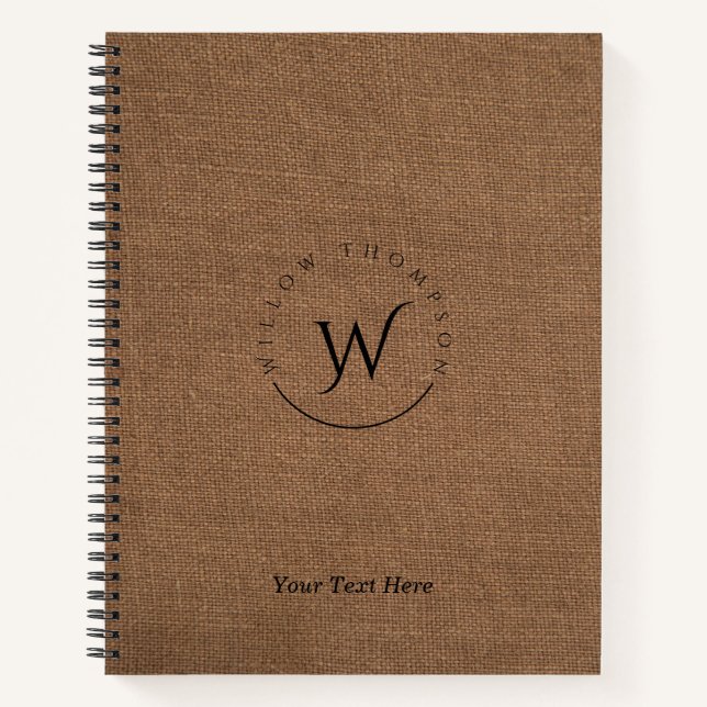Carnet Monogramme Rustique Brown Lin Élégant Script (Devant)