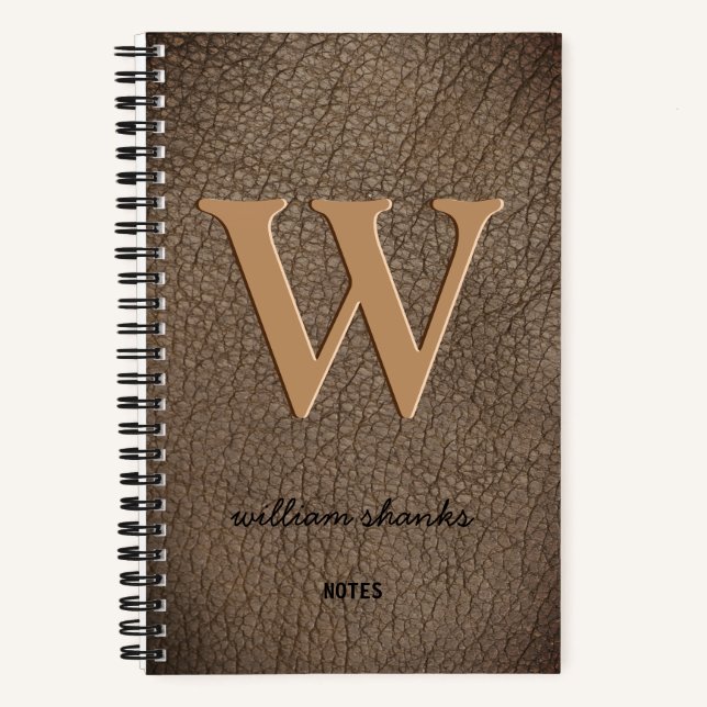Carnet Monogramme rustique nom en script or cuir (Recto)
