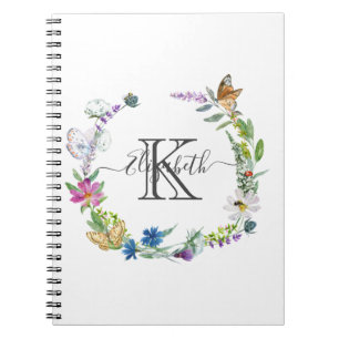 Carnet Monogramme Script Calligraphie Papillons Fleurs