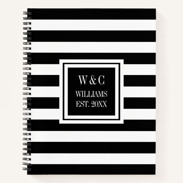 Carnet Monogramme Tendance Rayure Noire Nom de Famille (Devant)