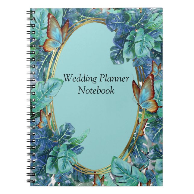 Carnet Monstera bleu turquoise Feuilles et papillons (Devant)
