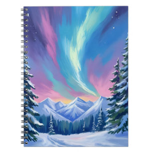Carnet Montagne aquarelle aurore boréale nuit d'hiver