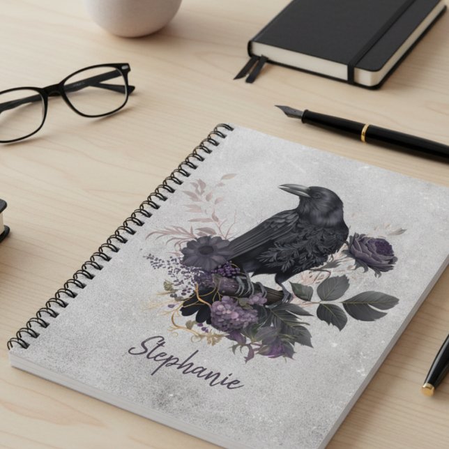 Carnet Moody Dark Academia Raven Spiral (Black raven midnight blooms personalized notebook)