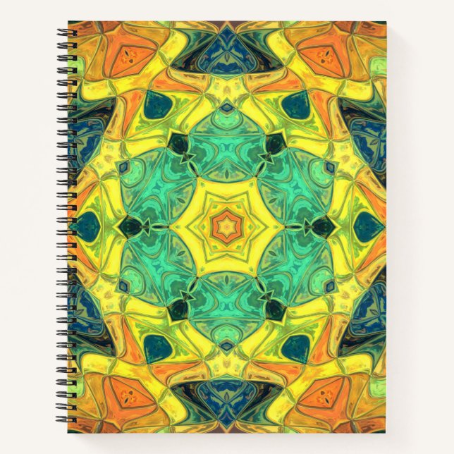 Carnet Mosaic Mandala Flower vert jaune bleu et orange (Devant)
