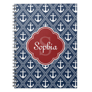 Carnet Motif Ancre bleu Monogramme rouge