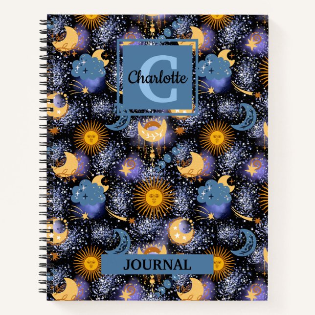 Carnet Motif céleste magique Sun Moons étoiles Monogramme (Devant)