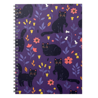 Carnet Motif Chats noirs et Fleurs sauvages