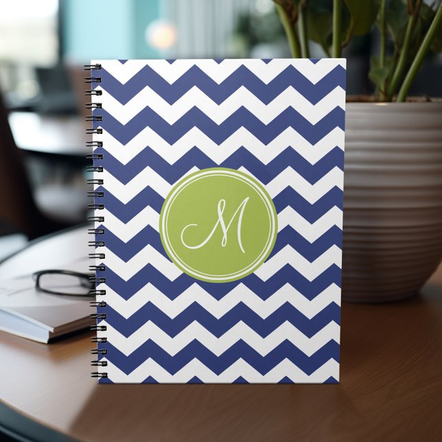 Carnet Motif Chevron avec Monogram - Navy Lime (Personalized notebook - add your name or other text)
