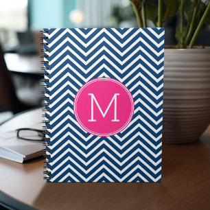 Carnet Motif Chevron avec Monogram - Navy Magenta