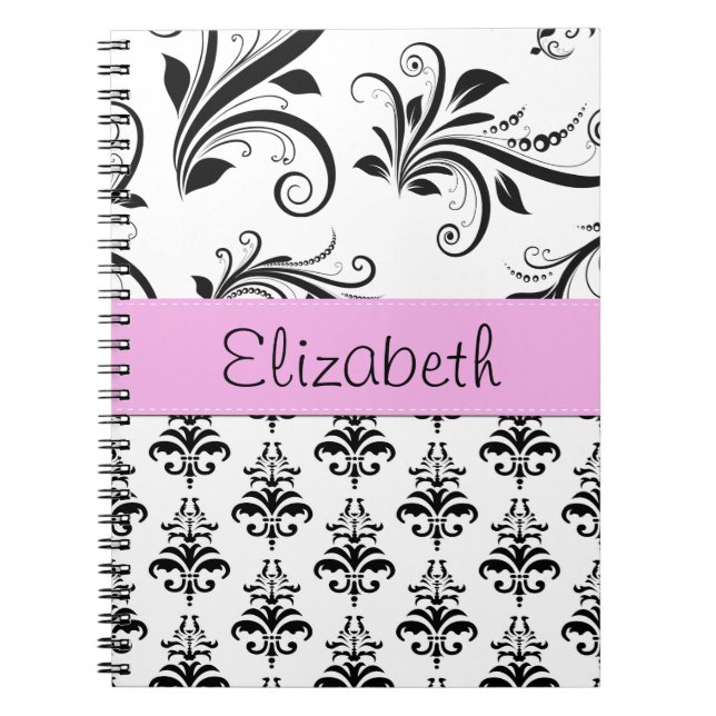 Carnet Motif Damas, Damas noir et blanc, Votre nom (Devant)