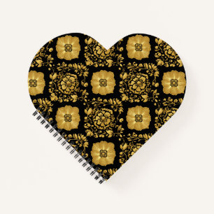 Carnet Motif damassé floral or luxe sur fond noir