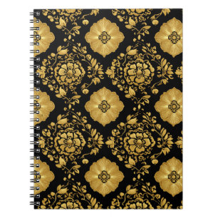 Carnet Motif damassé floral or luxe sur fond noir