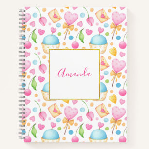 Carnet Motif d'aquarelle douce Coeurs et Cupcakes