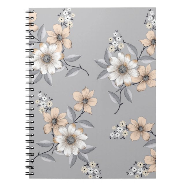 Carnet motif de fleurs grises et blanches sur fond gris (Devant)