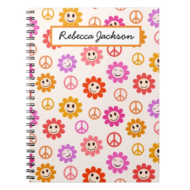 Carnet Motif de fleurs souriantes avec des signes de paix (Devant)