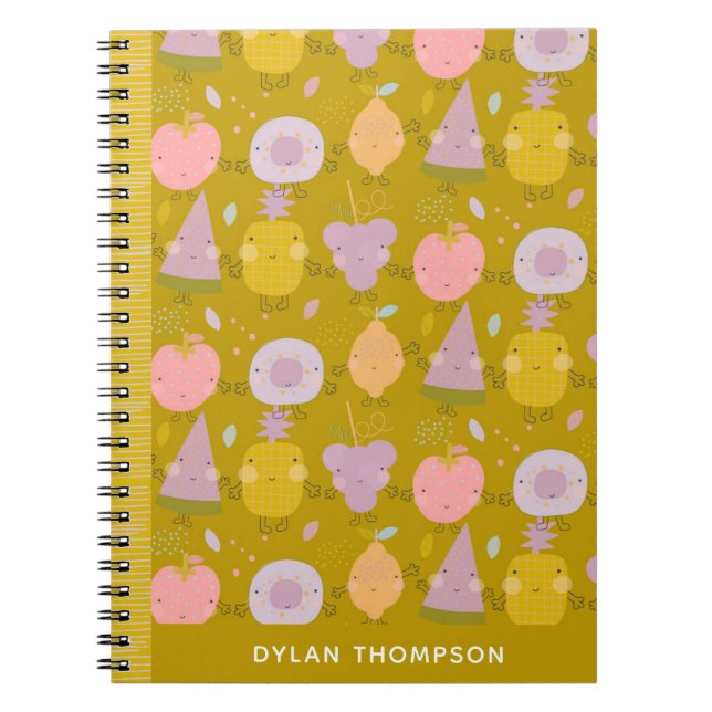 Carnet Motif de fruits Kawaii mignon Nom personnalisé Ver (Devant)