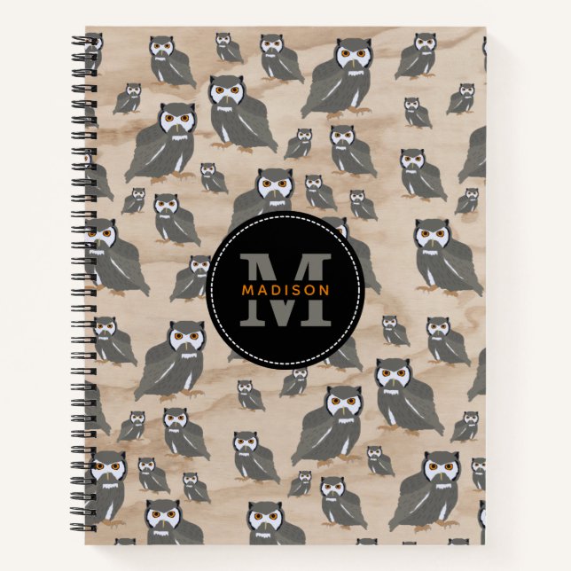Carnet Motif de hibou & monogramme en bois rustique (Devant)