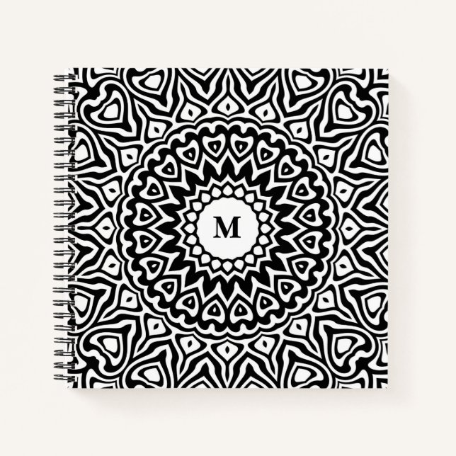 Carnet Motif de mandala noir et blanc monogramme moderne (Devant)