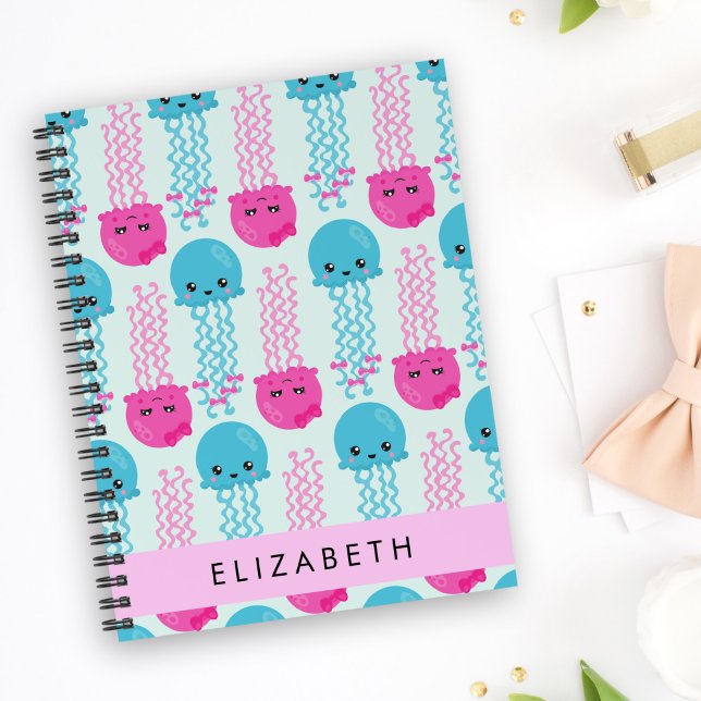 Carnet Motif de méduses, Mignonne méduse, Mer, Votre nom (Créateur téléchargé)