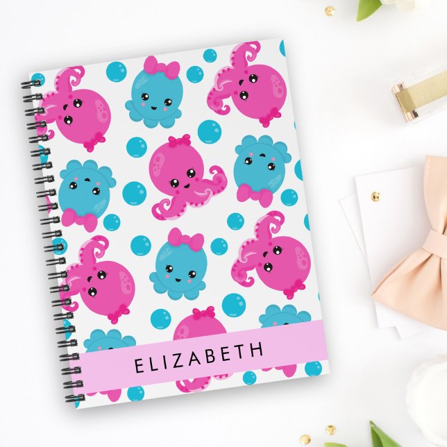 Carnet Motif de pieuvre, Pieuvre mignonne, Mer, Votre Nom (Créateur téléchargé)