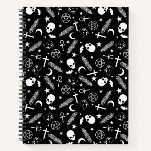 Carnet Motif de sorcière gothique noir blanc crâne Pentag