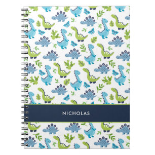 Carnet Motif dinosaure bleu vert avec nom d'enfant