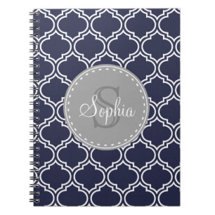 Carnet Motif en treillis bleu de la marine monogramme