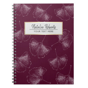 Carnet Motif Feuille Ginkgo Elégant Bourgogne Rouge