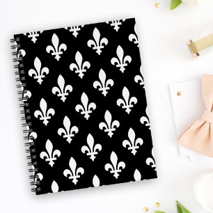 Carnet Motif Fleur de Lis, Royal Français, Blanc sur Noir